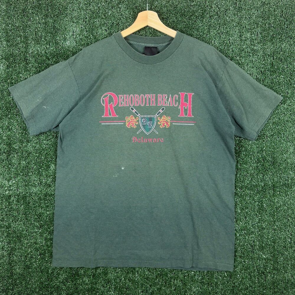 Vintage Rehoboth Beach Delaware T Shirt Men' Large Green Striped Graphic Tee 90s